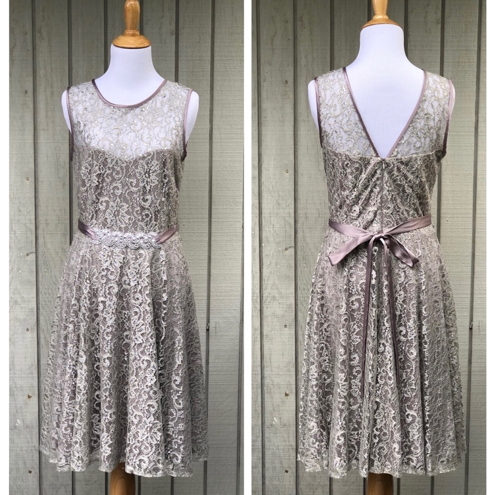 Cache Metallic Lace Rhinestone Illusion Shoulder Sleeveless Grey Mini Dress 8